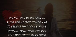 When it was my decision to avoid you, letting you go and to believe that i can survive without you... Then why do i still miss you so damn much that even my inner soul starts shaking